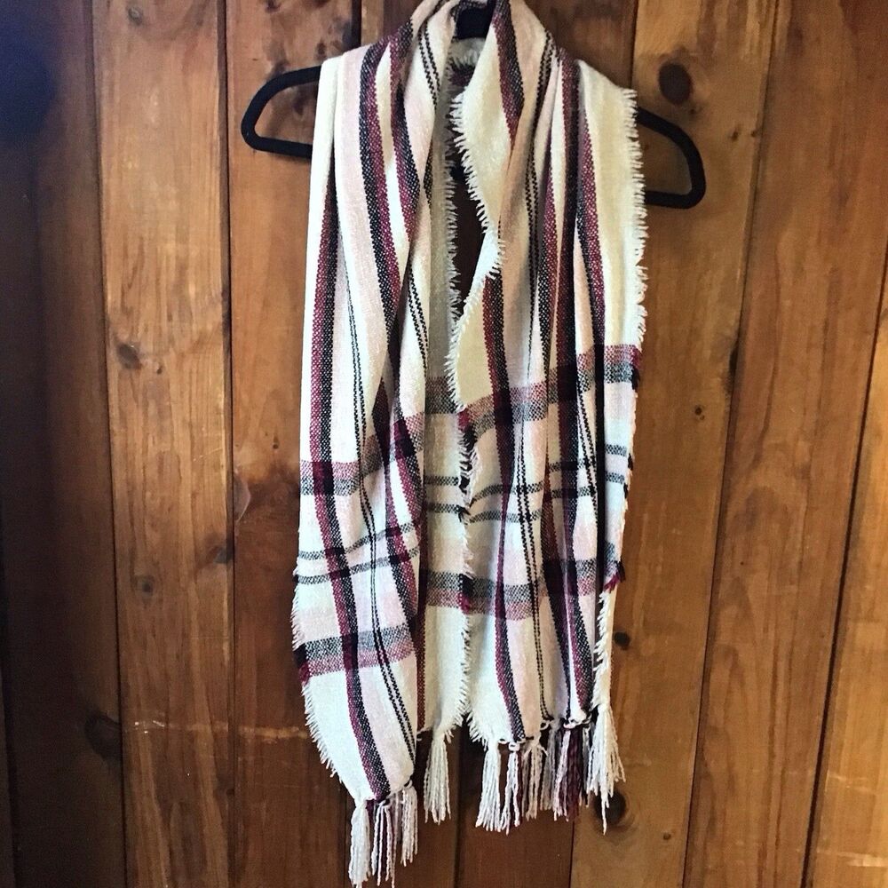 Style & Co Chenille Plaid Fringe Trim Scarf Pink White Velour Tartan Winter - Picture 2 of 4